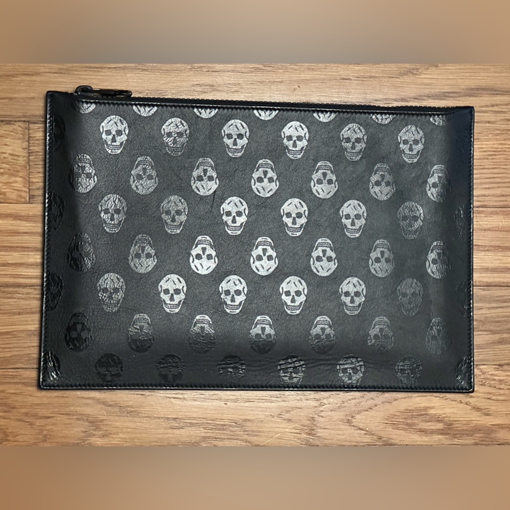 Alexander McQueen Black Leather with Skull Embossed Folio/Clutch